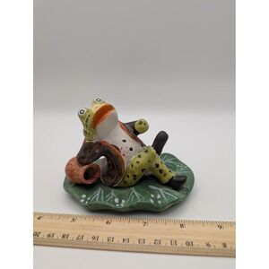Frog‎ Figurine Relaxing on Lily Pad Clay Pottery Whimsical Decor